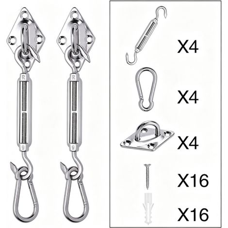 Kit de fixation pour voile d'ombrage en acier inoxydable 304, ensemble complet tendeurs à vis, mousquetons, plaques à œillets, vis et chevilles pour terrasse, jardin, balcon (1/5)