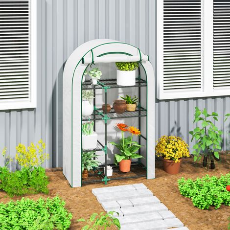 Serra da balcone 100x45x160 cm bianca in acciaio con 7 ripiani, porta avvolgibile e copertura resistente ai raggi UV (1/4)