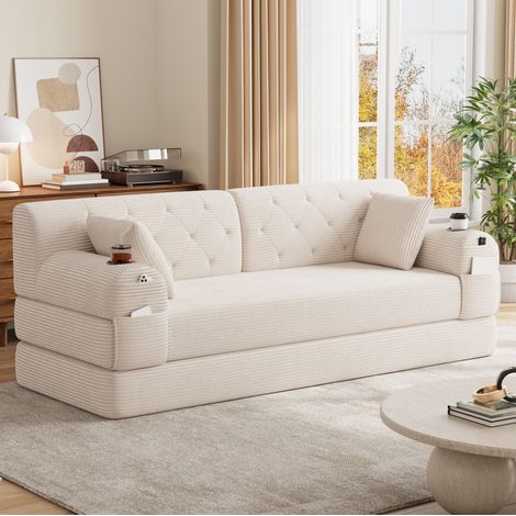 Canapé-lit 3 places 208x80x81 cm beige, 2 porte-gobelets, 4 poches, tissu corduroy MEUBLIV (1/5)