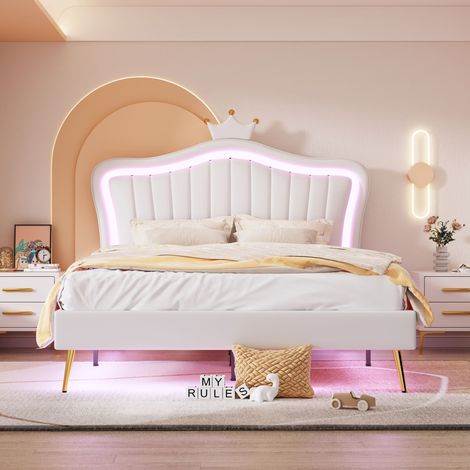 Lit enfant rembourré 140x200cm cuir PU blanc double couronne,LED intégrée,base/dossier à lattes,sans matelas (1/5)