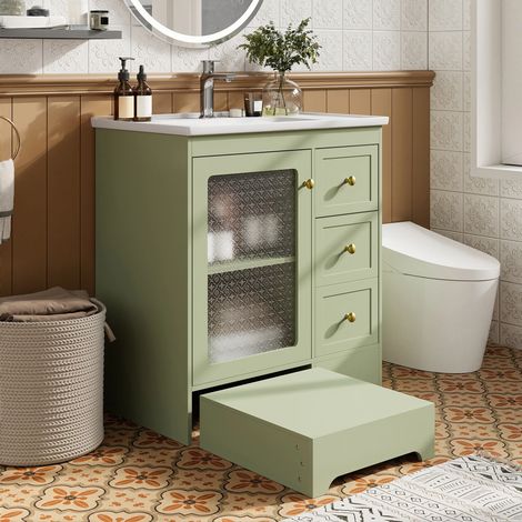Badezimmerwaschtisch mit versteckter Fußstütze, glattem Keramikwaschbecken, LED-Beleuchtung, geprägtem Glas und goldenen Griffen Badezimmerwaschtisch,grün
