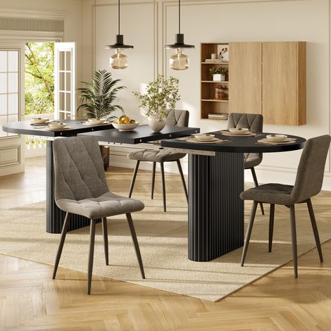 Table à manger extensible (Noir) 120-160cm + 4 chaises, table en bois ovale avec structure verticale, chargeable jusqu'à 60kg, chaises avec revêtement en tissu et pieds en métal (1/5)
