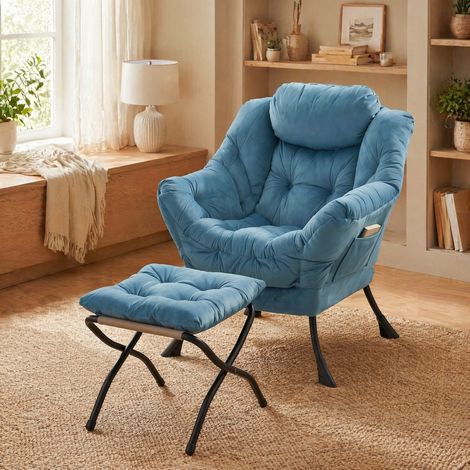 Fauteuil relax avec repose-pieds 72x80x93 cm bleu, poche latérale, tissu polyester métal MEUBLIV (1/5)