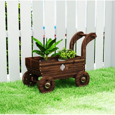 Jardinière chariot 68x38x52 cm charbon en bois de sapin avec roues et poignée (1/3)