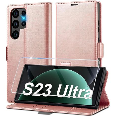 Coque portefeuille en cuir rose pour Samsung S23 Ultra avec béquille et porte-cartes (1/5)