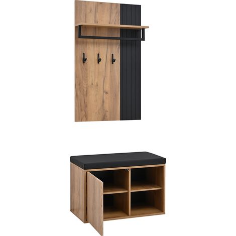 ELVMI Meuble d'entrée avec 2 Portes, 3 Crochets et Banc à Chaussures Rembourré pour Entrée en Panneau de Particules 70 × 36 × 146 cm Noir et Naturel (1/5)