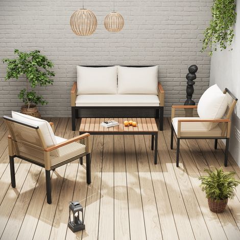 Ensemble de salon de jardin beige avec coussins confortables - Canapé 2 places, 2 fauteuils et table en rotin pour extérieur jardin terrasse