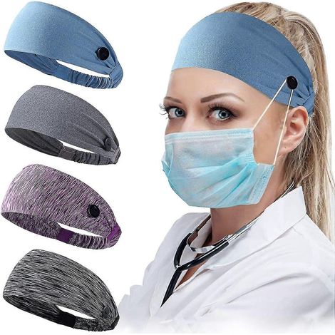 Damen-Stirnband mit Knöpfen für Gesichtsmasken und -bedeckungen, Unisex-Haarband mit elastischem Band für Krankenschwestern, Ärzte und Ohrenschutz-4NS(RDGB)