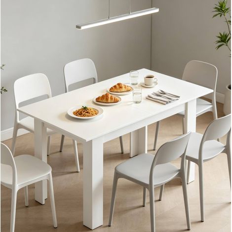 Mesa de comedor extensible blanca de MDF con guías de acero, 6 a 8 plazas, para cocina o salón moderno – CHICFURN, práctica, estable y fácil de limpiar (1/5)