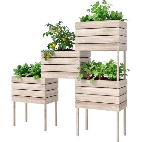 Lit pour Jardin Potager Élevé avec 4 Pots de Plantes de 50x30x60cm, en Bois Couleur Naturelle (1/5)