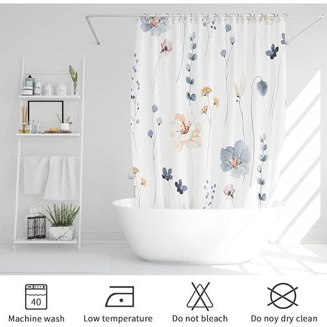 Watercolor Floral Shower Curtain, Flowers Print Minimalist Bathroom Curtain, Machine Washable Spring Modern Shower Curtains, Waterproof Fabric Shower Curtain Set with Hooks, 72 x 72, Blue (1/5)