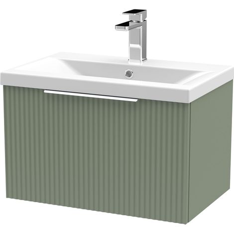 Fluted Front Wall Hung 1-Drawer Bathroom Vanity Unit with 1 Tap Hole Basin, 600mm, Satin Green, Chrome Handles