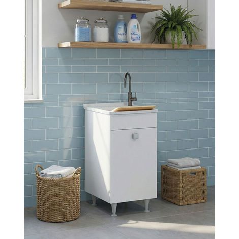 Mobile lavatoio Rose - Con 1 anta e lavatoio - Contenitore salvaspazio per bagno e lavanderia - Bianco - 49 x 89 x 51 cm (1/3)