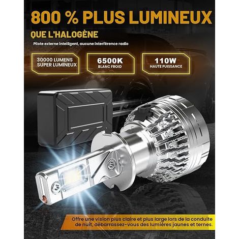 Ampoules H3 LED, 110W 30000LM 6500K Blanc Lampes LED H3 12V 24V Phares Avant de Voiture Remplacement pour Lampes et Xénon (1/4)