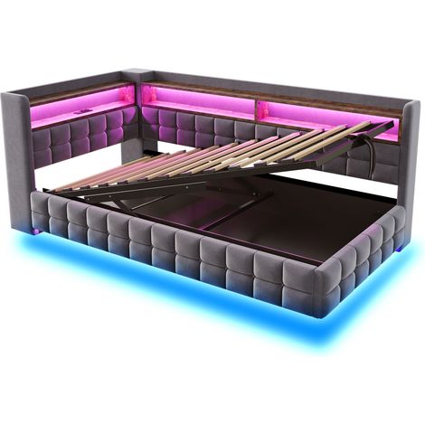 Cama sofá capitoné multifunción 90 x 200 cm con almacenaje hidráulico y LED gris (1/5)