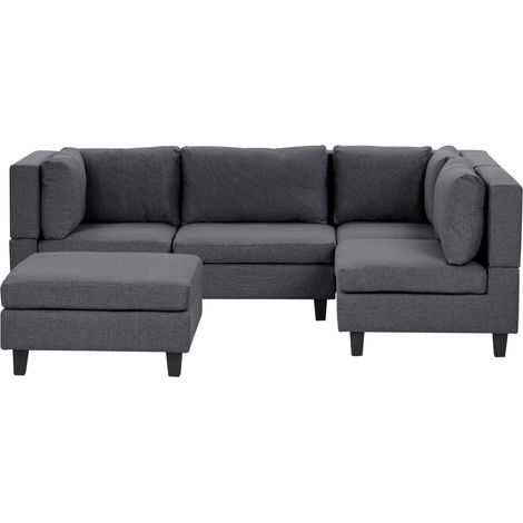 Sofá modular moderno 4 plazas tapizado tela patas negras respaldo acolchado izquierdo gris oscuro con otomana Unstad