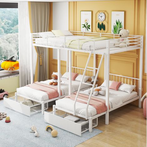Etagenbett 140/200 + 2x 90/200 cm weiß aus Metall mit Schubladen (1/5)