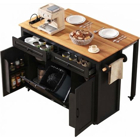 ELVMI Kücheninsel mit Ausziehbarer Arbeitsplatte, Steckdosen, USB und USB-C, Müllfach, Rollen, MDF, 120 x 40-75 x 92 cm, Schwarz (1/5)