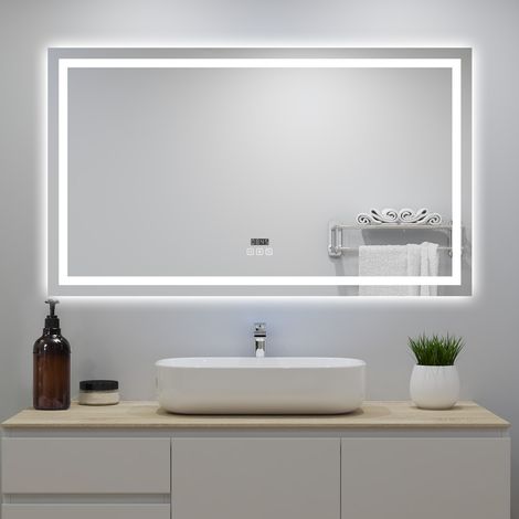 Miroir de Salle de Bain avec Bluetooth 120 x 70cm, Miroir lumineux avec Horloge + 3 Couleurs + Dimmable + Anti-buée,  IP44 rectangulaire