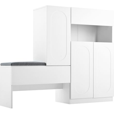 Scarpiera 2 in 1 con panca imbottita, ante curve soft-close, ripiani regolabili, bianco (1/5)