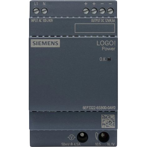 Siemens Fuente de alimentación LOGOPower, 1 fase DC 12 V/4,5 A, 6EP33226SB000AY0