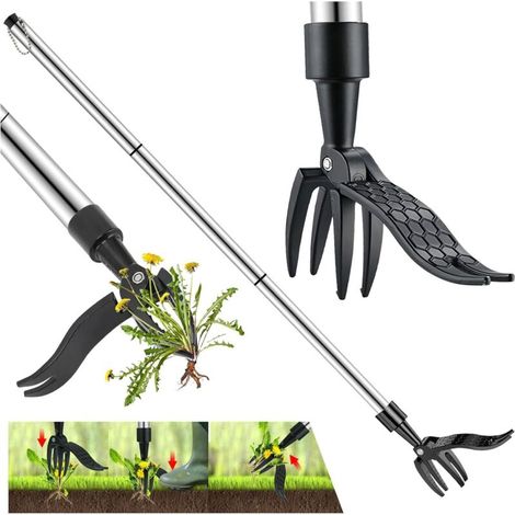 Manueller Unkrautstecher, 100 cm lang, mit 3 Edelstahlkrallen und Fußpedal zur Wurzelentfernung, Unkrautbekämpfungswerkzeug, Gartengerät, freistehend, Aluminiumgriff-Set (1/4)