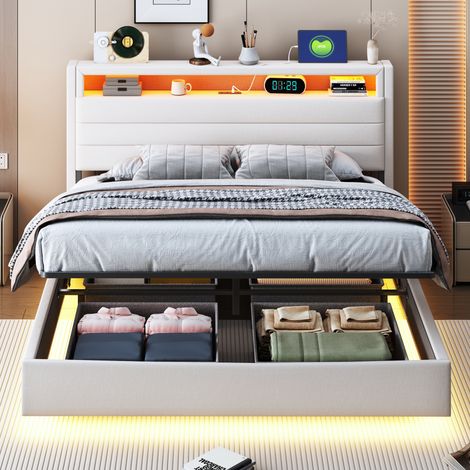 Bett 140x200 cm modern, Polsterbett mit hydraulischem Stauraum, drehbarem Kopfteil, USB und LED, Beige (1/5)