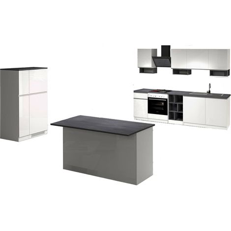 Dmora - Cucina completa Balme, Set con dispensa, Mobile per cucinotto, Kit blocco con isola e portafrigo, 100% Made in Italy, Bianco lucido e Ardesia (1/3)