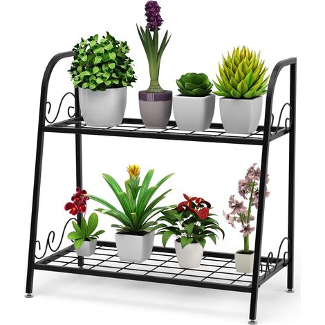 COSTWAY 2-stufiger Metall Pflanzenstaender, Blumenregal Multifunktionales Pflanzenregal Ausstellungsregal für drinnen & draussen, Pflanzregal für Terrasse Garten Balkon (1/5)