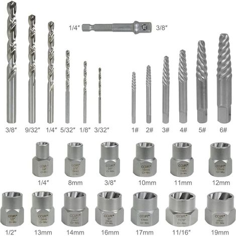 26pcs douille extracteurs de boulons antivol, extracteur d'ecrou endommagés Cr-Mo Matériau 8-19mm (1/4)
