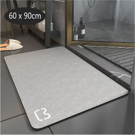 Tapis de Bain Antidérapant Absorbant Tapis Salle de Bain Diatomite Microfibre Tapis de Bain Doux Séchage Rapide Gris, 60×90cm (1/4)
