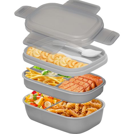 Lunch Box pour Adultes, 1900ML Boite Repas avec Compartiments et Couverts, 3 Étages Bento Box, Sans BPA, Anti-Fuite, Micro Ondes, Grise (1/5)