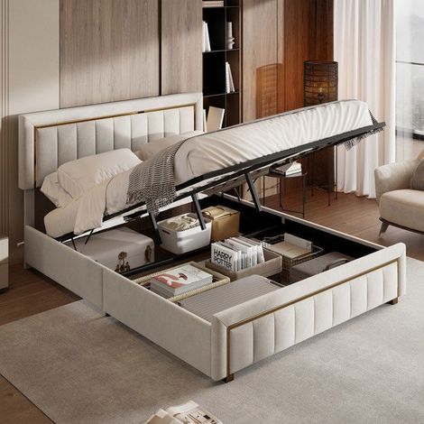 Bett 140x200 cm aus weißem Samt mit goldener Bordüre, Lattenrost, offener Stauraum, verstärkter Rahmen