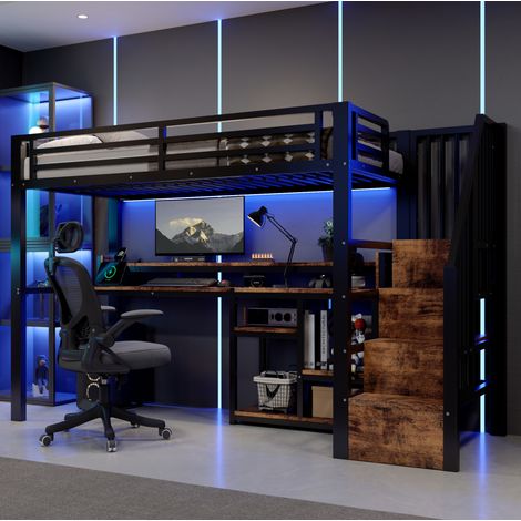 Cama alta 90 x 200 cm de metal y MDF con escalera armario, estante, USB Tipo C y tira LED negra (1/5)