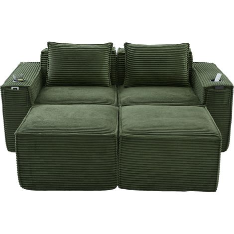 Divano modulare a 2 posti in velluto a coste verde con 2 pouf, portabicchieri e tasche laterali (1/5)