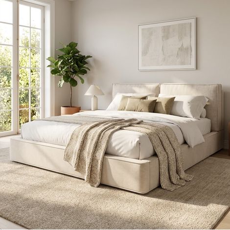 Bett mit Stauraum Chenille Beige 180x200 cm, inklusive Lattenrost, hydraulisches Doppelbett mit gepolstertem Kopfteil (1/5)