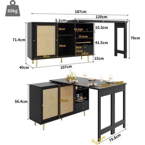 Table bar pivotante 360° (corps 107x40x71,4 cm), table design extensible noir, meuble de rangement rotin avec porte et étagère ouverte, parfaite pour cuisine et salle à manger. (1/5)