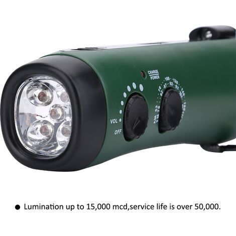 Lampe torche LED multifonction à manivelle pour le camping et les situations d'urgence, avec radio et chargeur de téléphone (verte) (1/5)