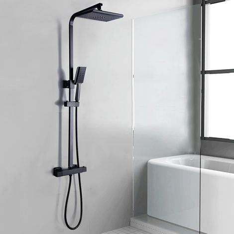 Duschsystem Mit Thermostat Duschset Quadrat Regendusche Duschkopf Handbrause Edelstahl Duschpaneel Duscharmatur Badezimmer Set Brausenset Dusch Armatur Mischbatterie Brausegarnitur Schwarz 90-110Cm (1/5)