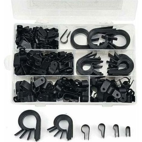 BRICOOMARKET 200 attaches de câble en nylon - colliers R, P, colliers de serrage pour tubes en plastique nylon, fixations pour conduits, câbles, gaines et manchons Ø 5,3/6,4/10,4/13,2/19/23 mm (noir). (1/4)