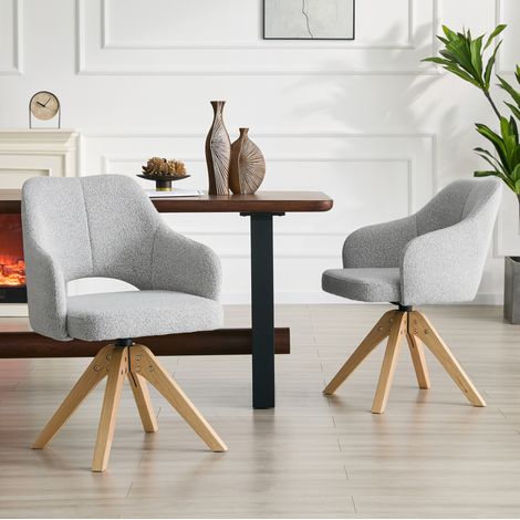 Lot de 2 chaises pivotantes en tissu gris clair avec pieds en bois, rotation à 360° (1/5)