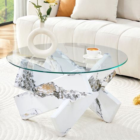 Table basse ronde en verre trempé 79 cm avec pieds croisés effet marbre blanc DESVIAE (1/5)