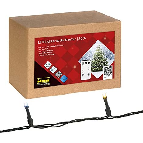 Idena 31269 - Luces de hadas LED NewTec con 200 LED en blanco y blanco cálido, con 8 luces, 4 ajustes de regulación y memoria, temporizador de 8 horas, como decoración para fiestas, Navidad y bodas