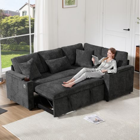 Canapé d’angle convertible chenille gris foncé 206,5x141x86 cm, méridienne fixe à droite, rangement et USB (1/5)