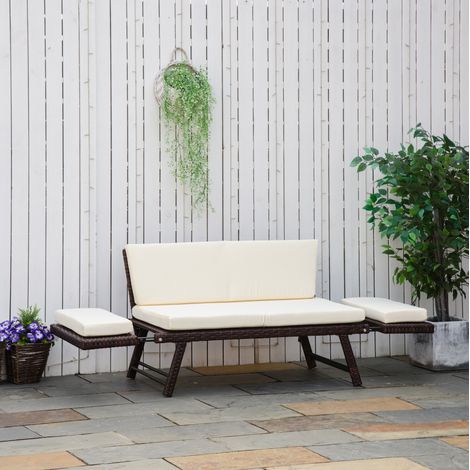 Sofá de jardín de 2 plazas (129x63x67 cm), reposabrazos abatibles, convertible en tumbona, ratán, marrón (1/5)