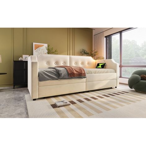 Sofá cama tapizado en terciopelo beige 90x200 cm con 2 cajones, USB Tipo-C, luz de lectura y somier de láminas (1/5)