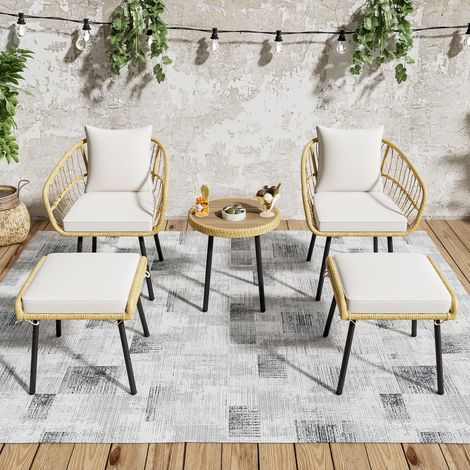 Salon de jardin 5 pièces – avec 2 chaises, 2 tabourets, 1 table à manger, fauteuils de jardin en rotin – Beige (1/5)