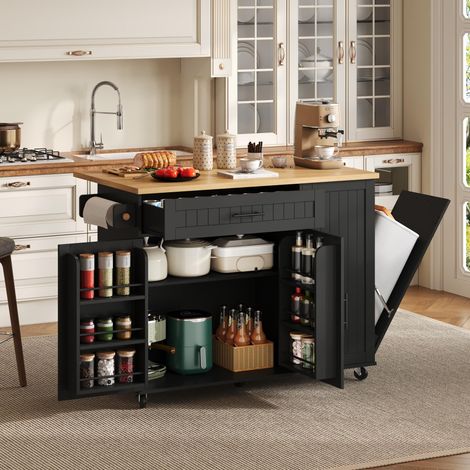 Îlot de cuisine mobile avec plan de travail pliable, chariot, armoire de rangement, armoire à poubelle, étagère au-dessus de la porte, roulettes verrouillables, 130 × 45 (70) × 93 cm. (1/4)