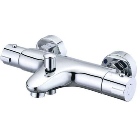 Thermostat-Duscharmatur, Thermostat-Badarmatur aus Messing, Badewannenarmatur mit 38°C-Sicherheitsabschaltung, Wand-Duscharmatur mit 2 Auslässen, 150 mm Mittenabstand, Silber (1/4)