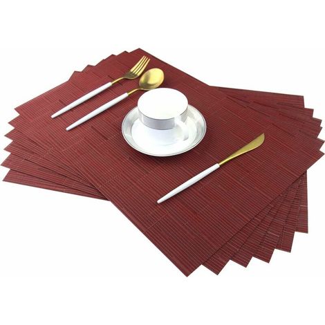 Table à manger Lot de 6 sets de table en bambou rouge pour table à dîner en plastique facile à nettoyer résistant à la chaleur tapis de table en vinyle tissé napperons antidérapants